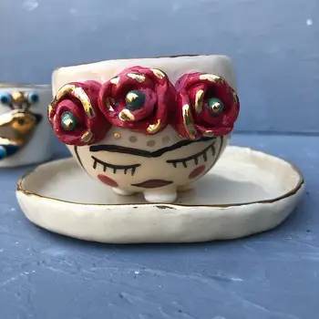 

Handmade Ceramic Floral 24K Real Gold Detailed Frida Kahlo Espresso Turkish Coffee Cup with Handle and Saucer