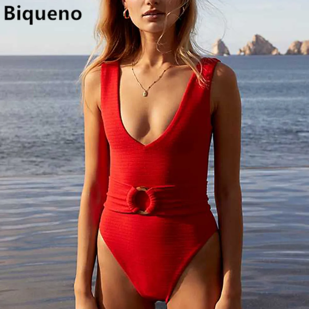 red belted swimsuit