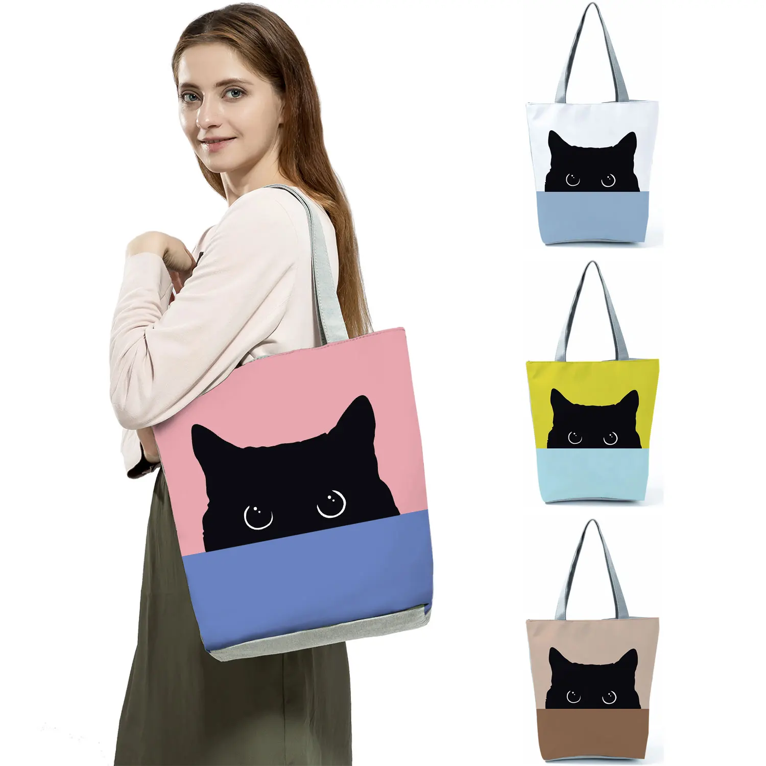 

Handbags With Print Cartoon Cat Shoulder Bag Large Capacity Shopping Bag Traveling Beach Bag Eco Storage Bag Women Totes Bags