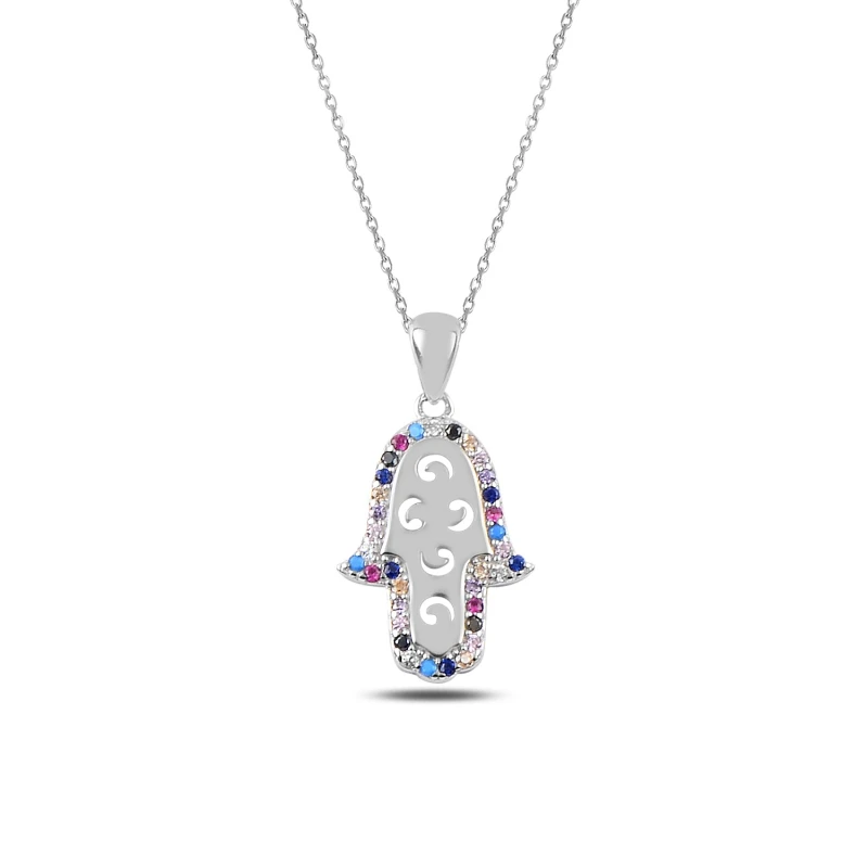 

Silver 925 Sterling Color Zircon Stone Fatma Master Hand Necklace