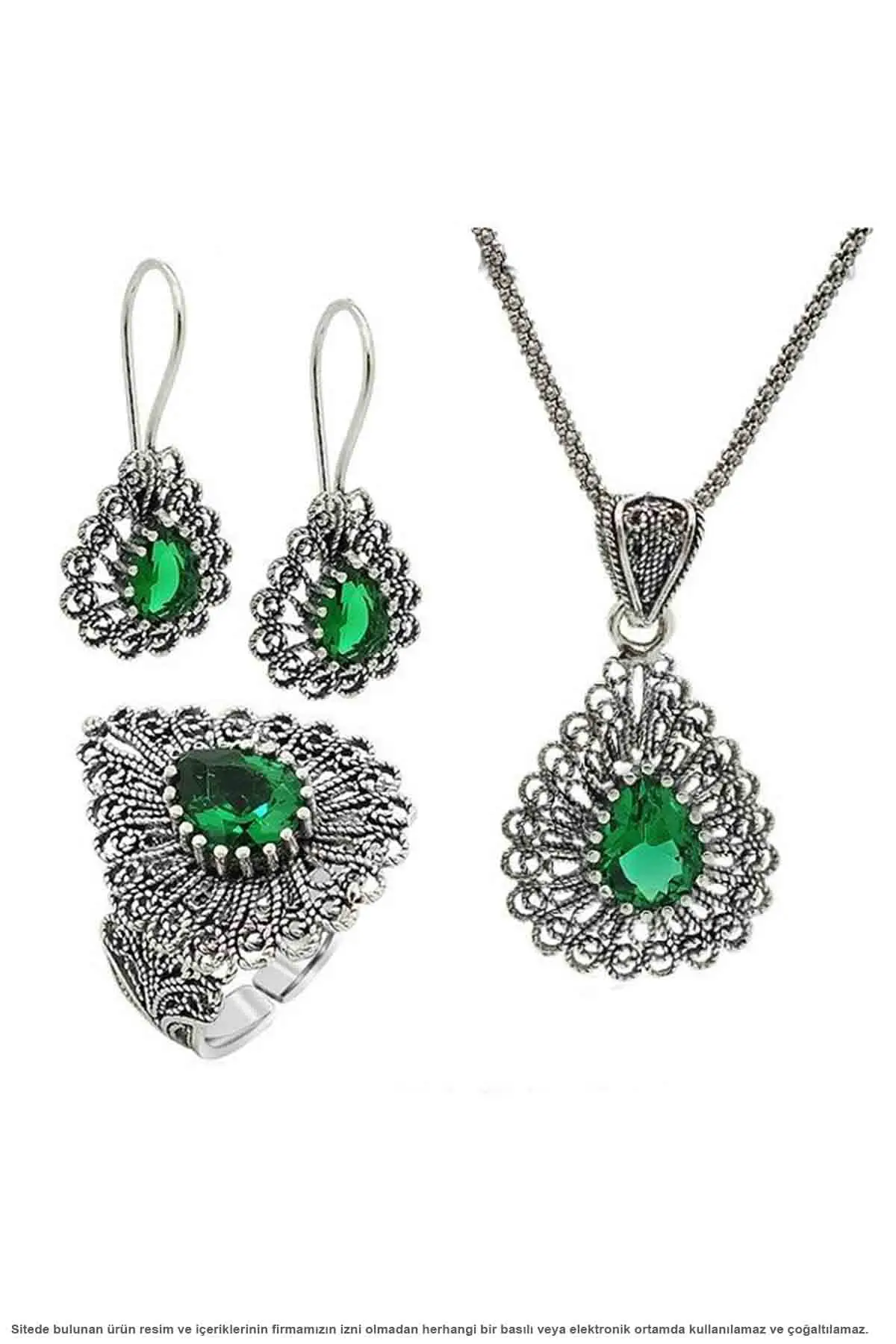 

Jade Gemstone Drop Filigree Triple Set Jewelry Midyat