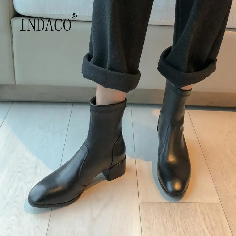 

Women Autumn Winter Boots Leather Boots For Woman High Heel Slip on Shoes Woman 5cm