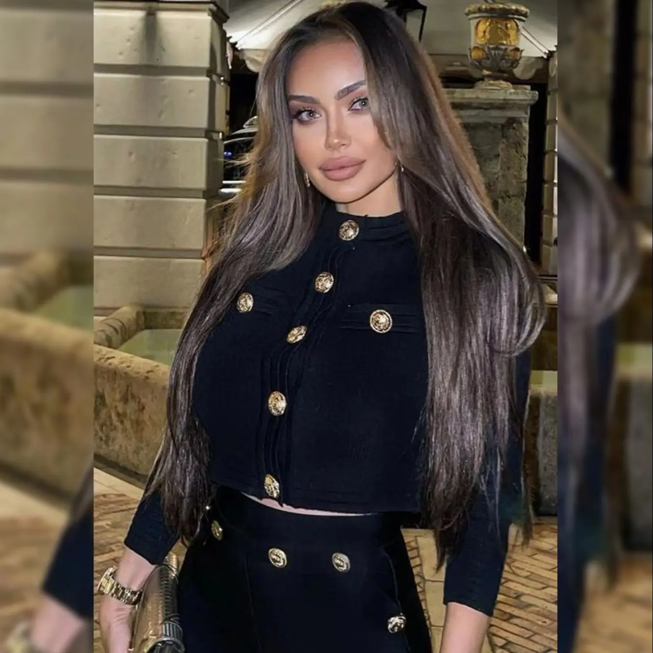 여성 가을 ??긴 소매 골드 버튼 스트레치 붕대 블랙 탑 긴 바지 캐주얼 휴가 패션 세트