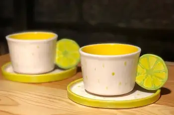 

Handmade Healthy and Quality Ceramic Espresso Cup and Saucer Set with Yellow Lemon Pattern Double Turkish Coffee
