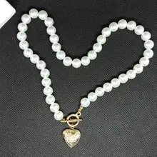Collar con colgante de concha de amor para mujer, gargantilla de cadena de perlas Simple de 6MM de estilo Vintage, joyería de moda al por mayor