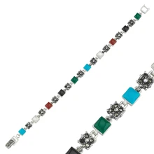 Серебряный 925 пробы Браслет из марказита и натурального камня