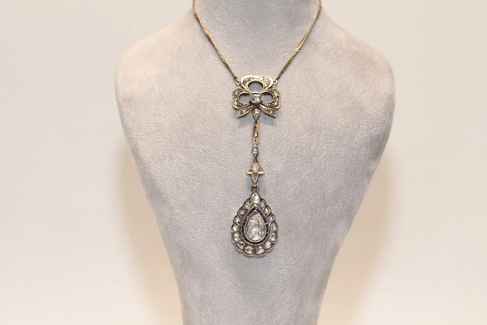 

Antique Original Art Deco 8k Gold Natural Rose Cut Diamond And Caliber Sapphire Decorated Pretty Drop