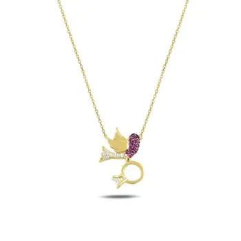

Angemiel 925 Silver Pink Grayscale Nano Gemstone Tektaşlı Bird Necklace-Gold Plated