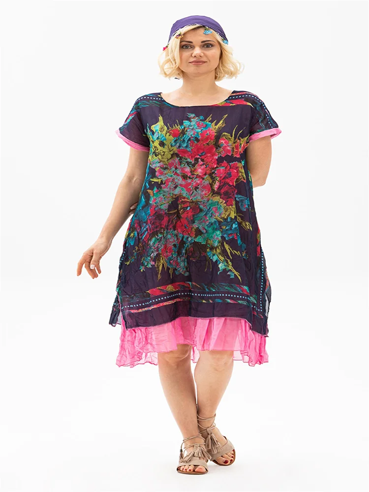 

Colorful Pattern Ethnic Inspired Voile Fabric Short Sleeve Summer Dress 2022 New Fashion Women Beach Vacation Wear South Africa