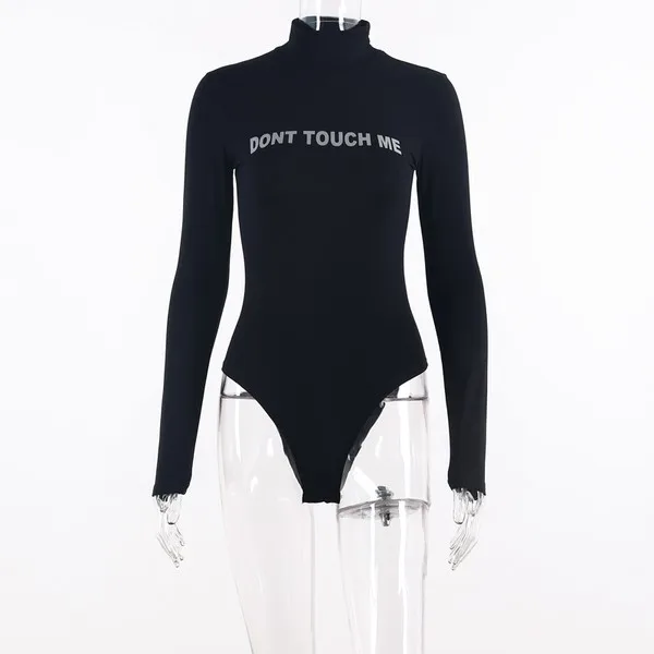 Reflective Letters One Piece High Neck Long Sleeve Bodysuit 3 Colors Available