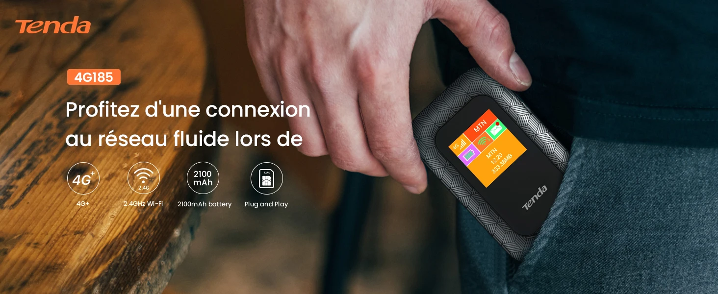 Tenda 4G Mobile Hotspot - Dispositivo MiFi 4G LTE Cat4 de 150 Mbps, enrutador con Carga USB y batería de 2100 mAh, no Requiere configuración ( 4G185), Negro