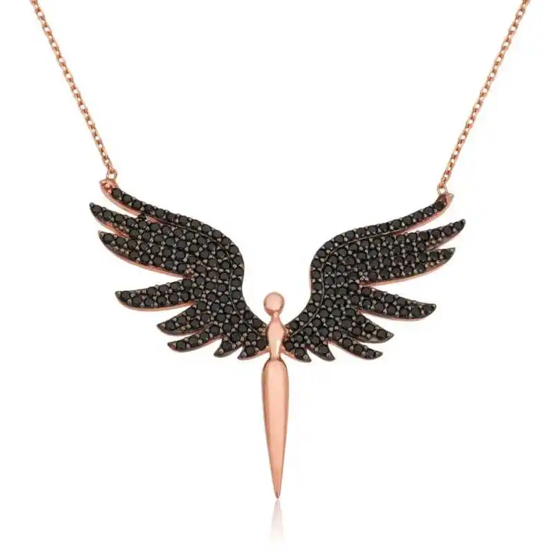 KUTAYDAN 925 Sterling Silver Black Winged Angel Lady Necklace