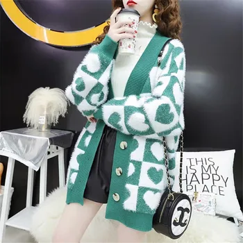 

Fashion Woman V-neck Cute Love Pattern Regular knitted Sweater Coat Casual Loose Cardigans Autumn New