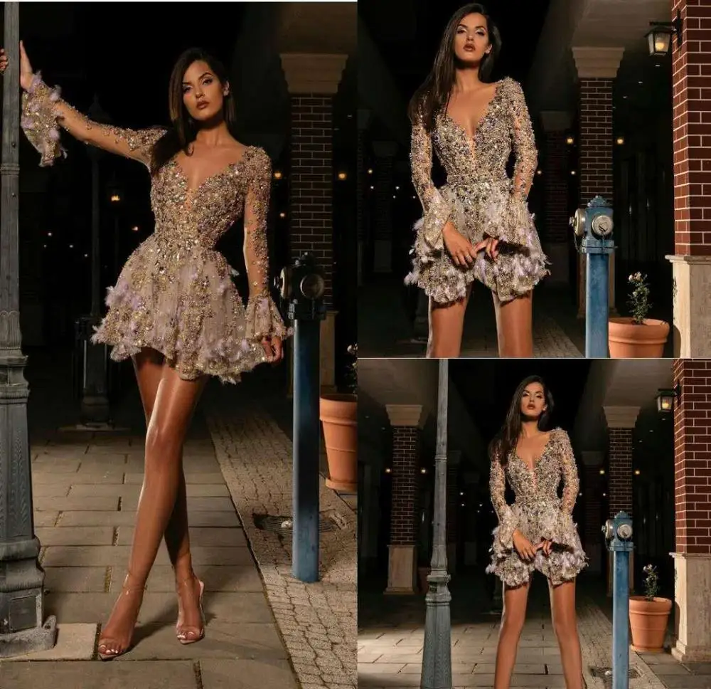 

Long Sleeve 2020 Cocktail Dresses Sexy Short Deep V Neck Flowers Beads Prom Dress See Through Crystal Mini Evening Gowns