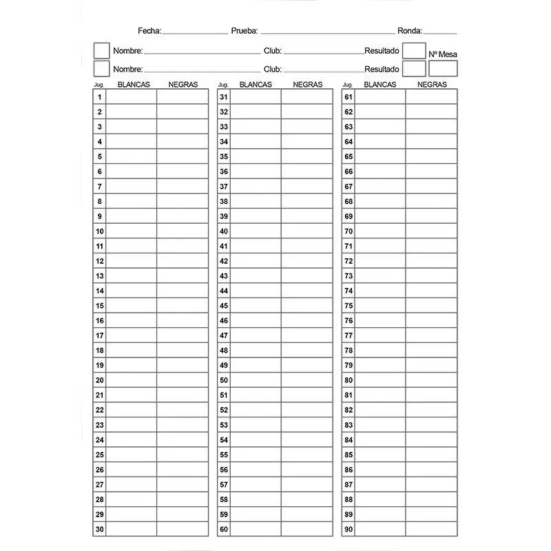 Bloc de planillas de ajedrez, para anotar sus partidas jugadas en casa