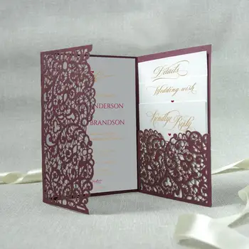 

Laser Cut Burgundy Pocket Wedding Invitations with Envelopes, Invitation Cards Suite, Laser Invitation DIY Kit, Marsala Wine