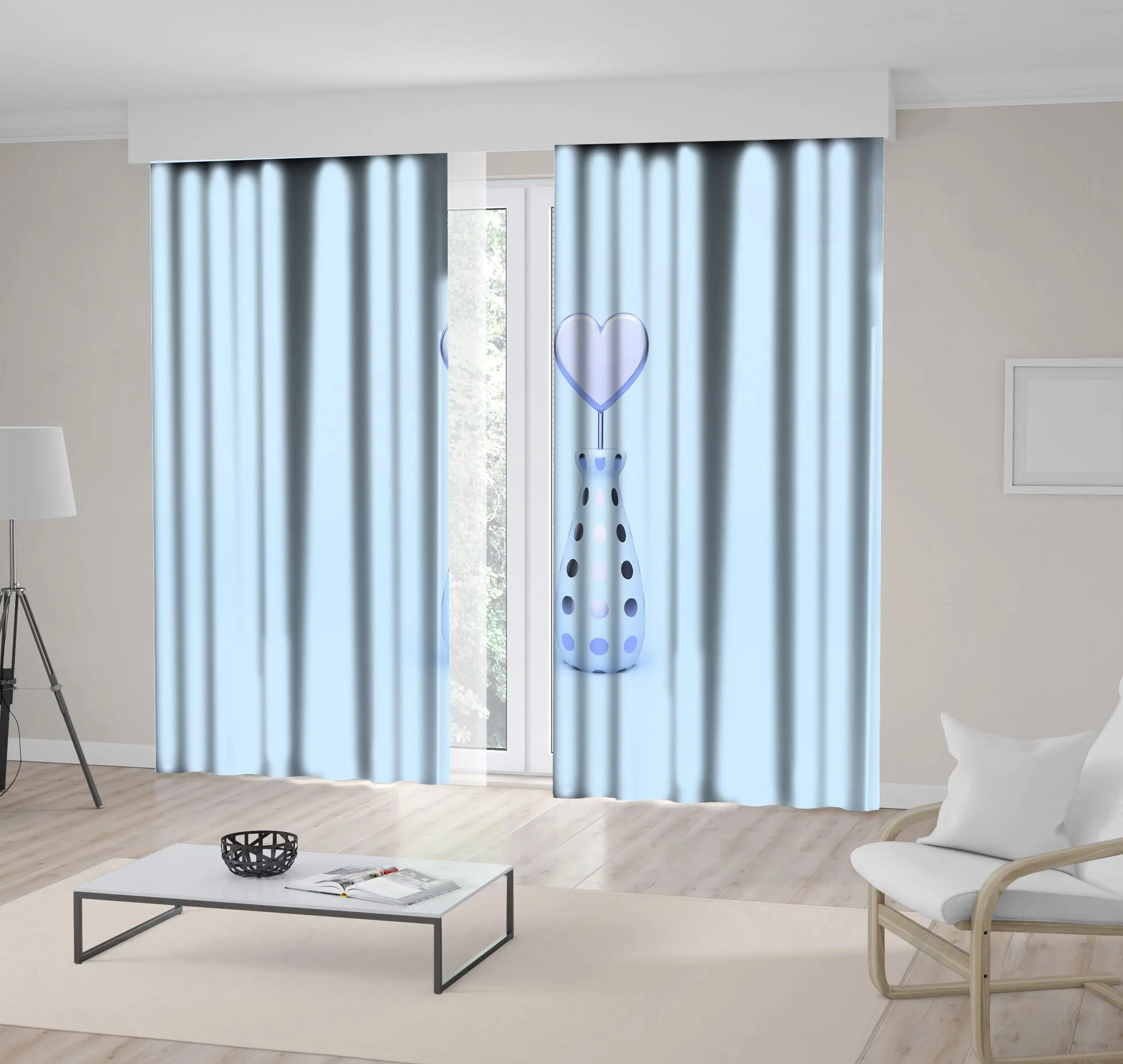 Metallic Heart Shape and A Bottle Love Valentine Concept Monochromic Artwork Printed Light Blue Curtain