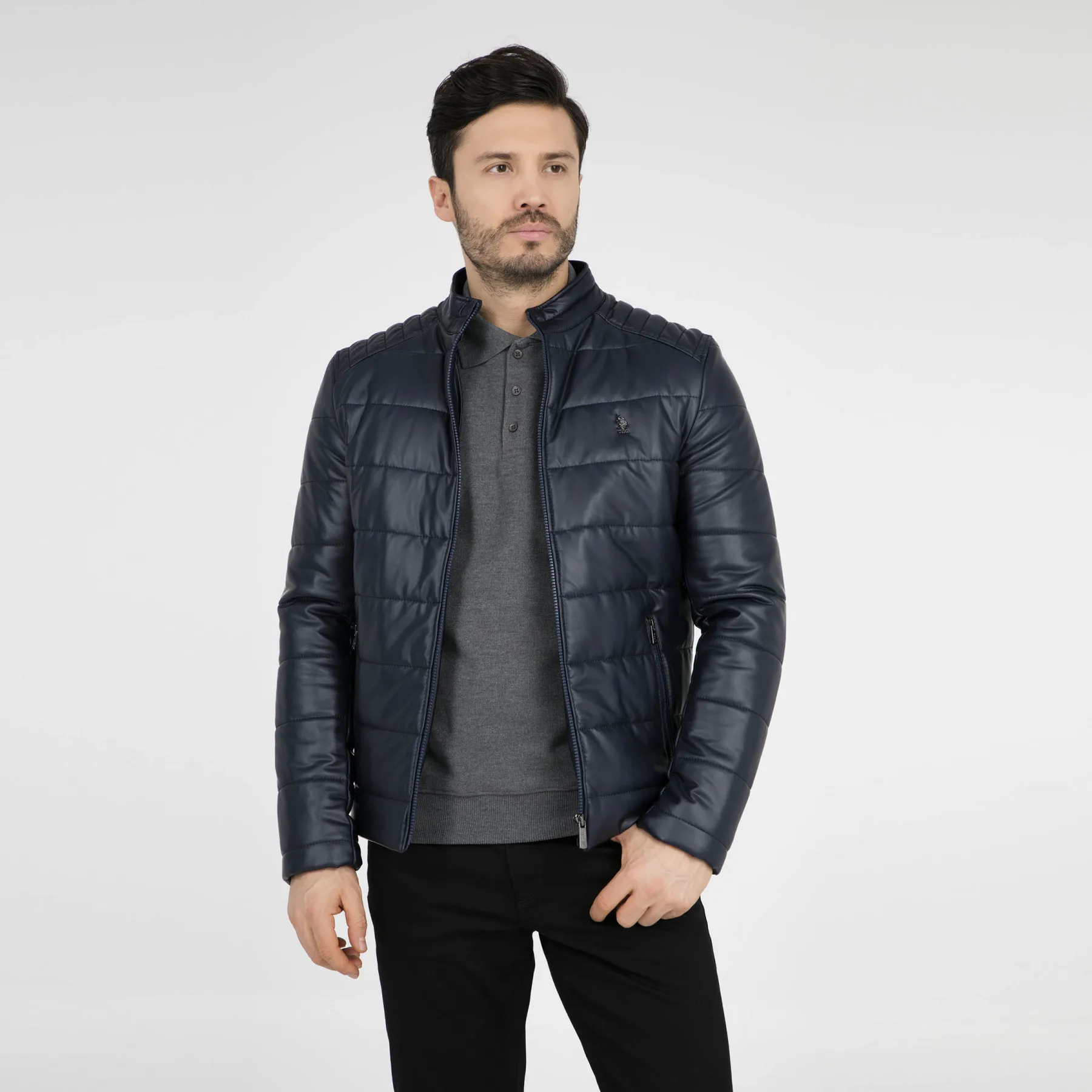 Тёмно-синий U.S. Polo куртка из искусственной кожи мужская кожаная куртка G081SZ035P01 P8012 - Цвет: Тёмно-синий