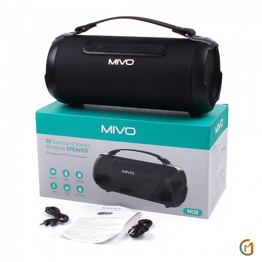 Портативная колонка Mivo M08 с bluetooth 3D стерео USB диск, Micro SD, Разъем Aux-in 3.5 мм и FM радио 1500mah новинка для ios и android устройств apple и samsung