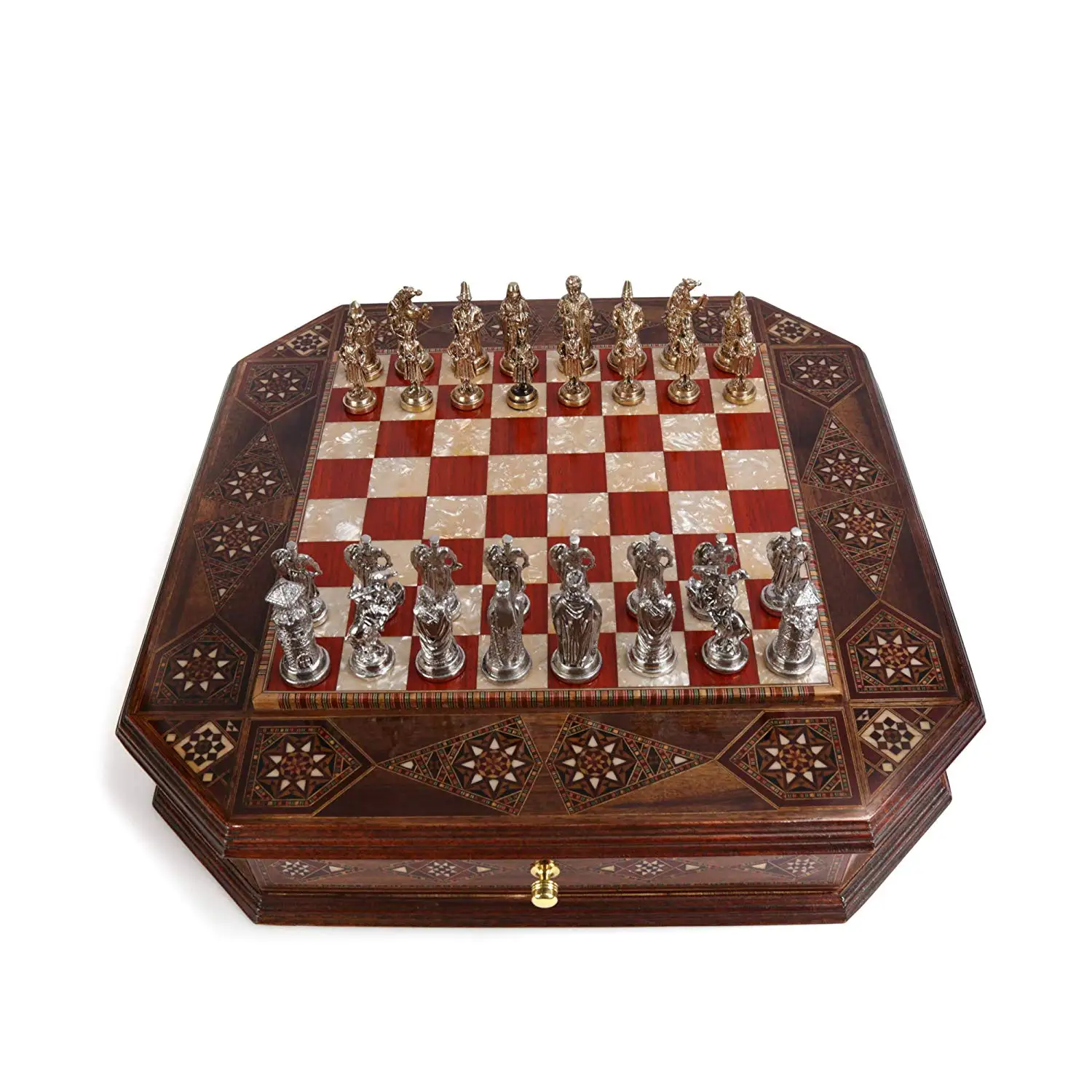 US $514.90 Metal Chess Set Ottoman vs Byzantine Figures Handmade Pieces Natural Solid Wooden Chess Board Storage Inside King 7 cm