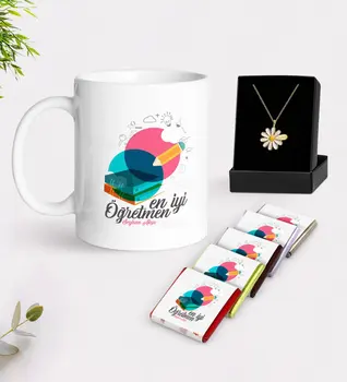 

Personalized Best Teacher White Mug Chocolate and Is Daisy Necklace Gift Seti-3