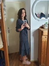 Autumn Winter Dot Bandage Dress Women Casual Ruffles V Neck High Waist Slim Print Long