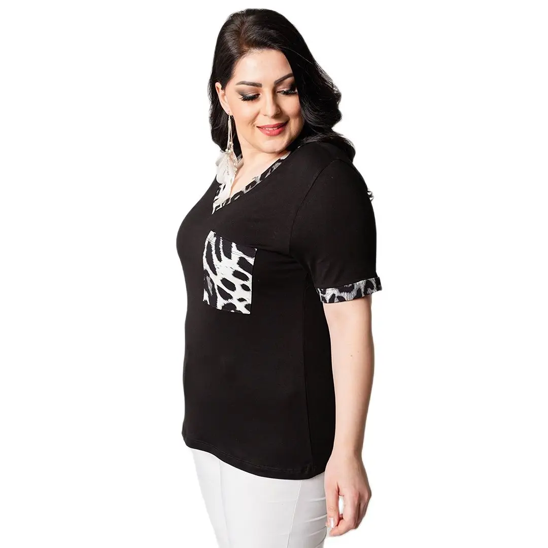 Women’s Plus Size V-Neck Leopard Print Pocket Detail Black Blouse, Designed and Made in Turkey, New Arrival