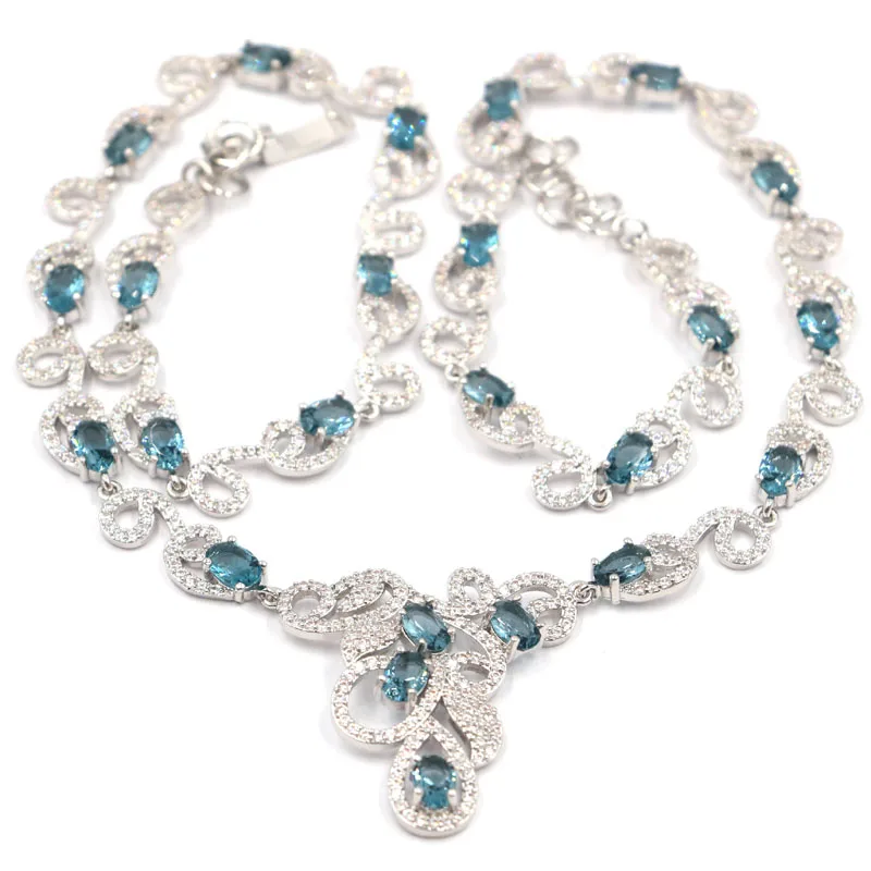 

31x31mm Deluxe Created London Blue Topaz White CZ Wedding Womana's Silver Necklace 18.5-19.5inch
