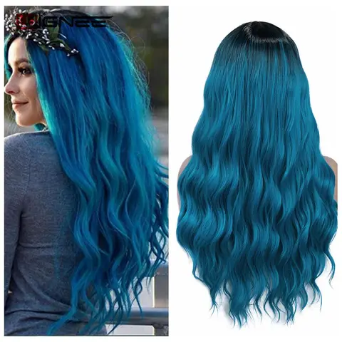 Wignee Long Wavy Blue Fiber Synthetic Wigs  Middle Part Heat Resistant for Women Natural Hair Daily/Party/Cosplay Party Wigs