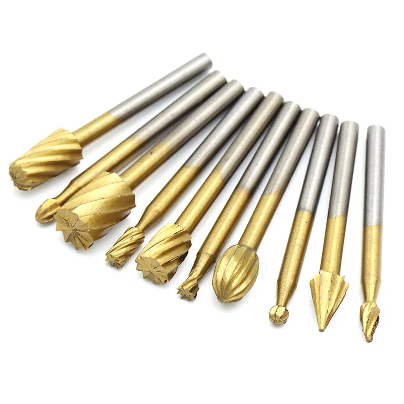 

Citop 10pcs/set Titanium Coating HSS Bit Engraving Cutter Files 3mm Round Shank Rotary Burr Set For Woodworking Carving Tool