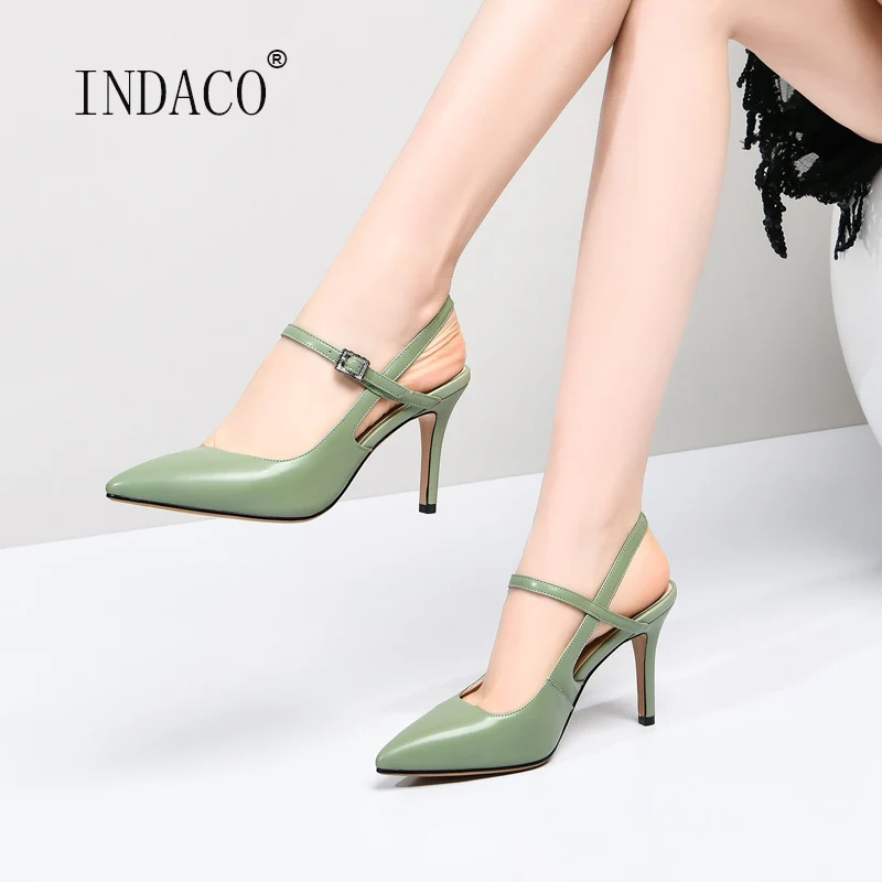 

2020 Women Sandals Leather Green High Heel Sandals Black Ankle Strap Summer Shoes 8.5cm