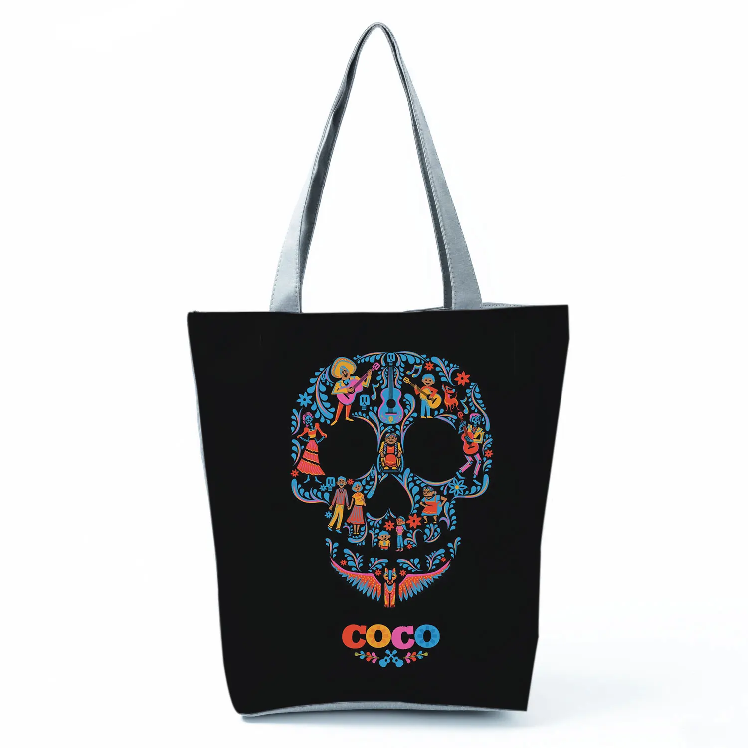 Disney Coco Printed Handbags Floral Skull Halloween Fashion Tote Women Shoulder Bag Eco Reusable Shopping Bag Custom Pattern 