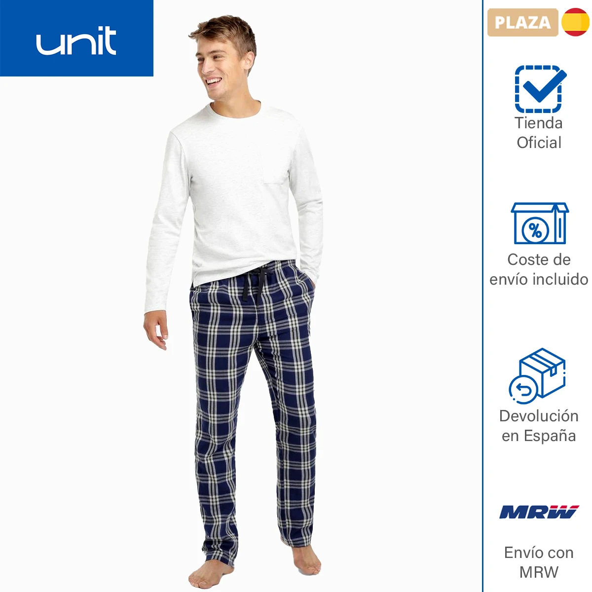Pijama a conjunto de pantalones estampados y camiseta en liso. Ropa para dormir de maga larga para hombre. Unit