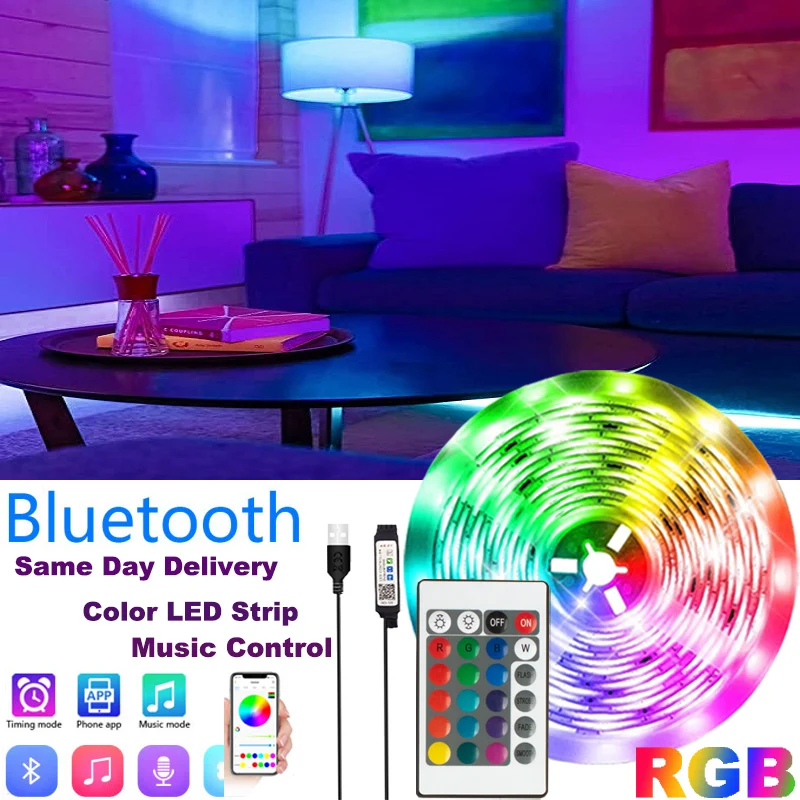 RGB APP Control LED Strip Lights Color Changing Bluetooth Lights with 24 Keys Remote 5050 Mode for Room Decoration TV Background