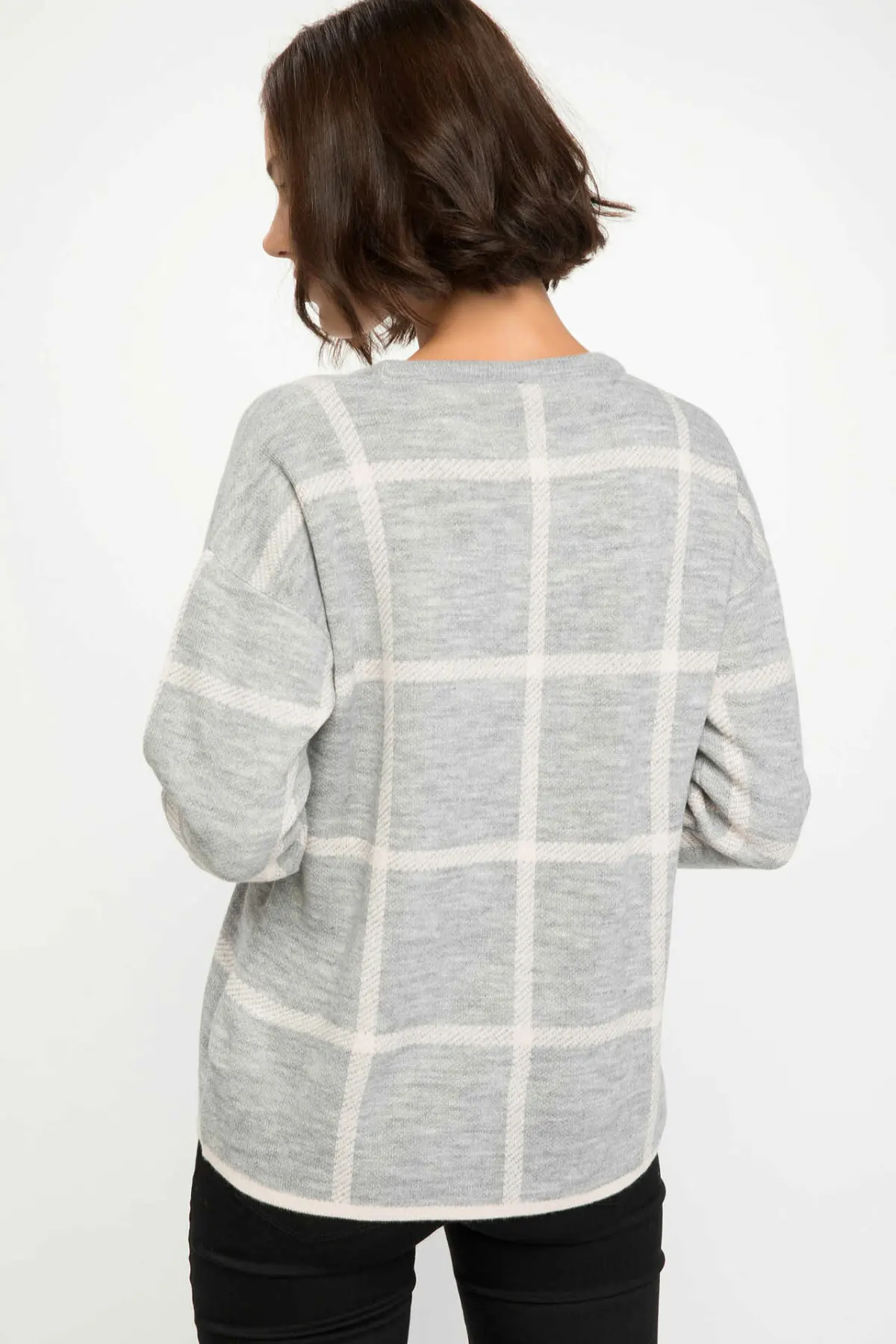 DeFacto Women Fashion Loose Plaid O-neck Knitted Pullovers Casual Long Sleeves Women Tops Autumn New-J2770AZ18WN