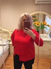 Big-Size T-Shirt Irregular Long-Sleeve Red EAM Fashion Women Spring Round-Neck 