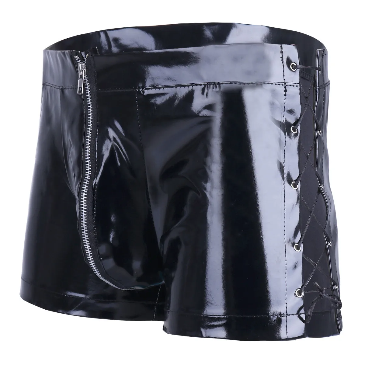 Mens Sexy Open Crotch Leather Short Pants For Sex Latex Bodycon Zipper Crotchless Patent Leather Fetish Boxer Lace up Beside