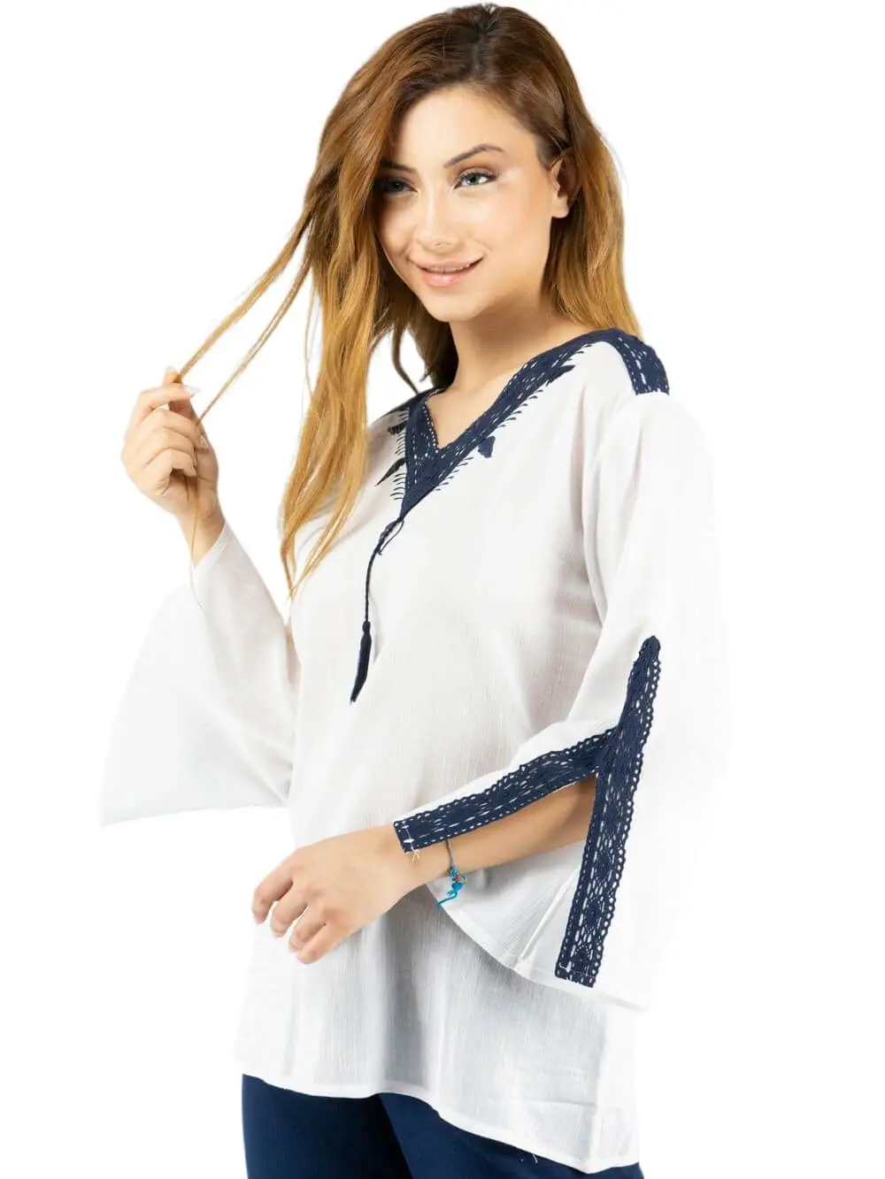 Sile 천 칼라 태슬 3/4 소매 코튼 패브릭 블라우스, 새로운 패션 정통 스타일 여성상의, 2 가지 색상 옵션