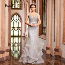 Finove, роскошное платье русалки с бисером, серое, v-образный вырез, сексуальное, с открытой спиной, с оборками, вечерние платья, длинные, новинка, длина до пола, вечерние платья