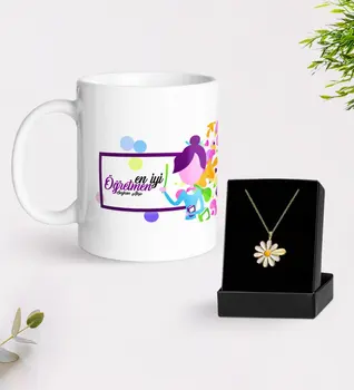 

Personalized Best Teacher White Mug and Daisy Necklace Gift Seti-2