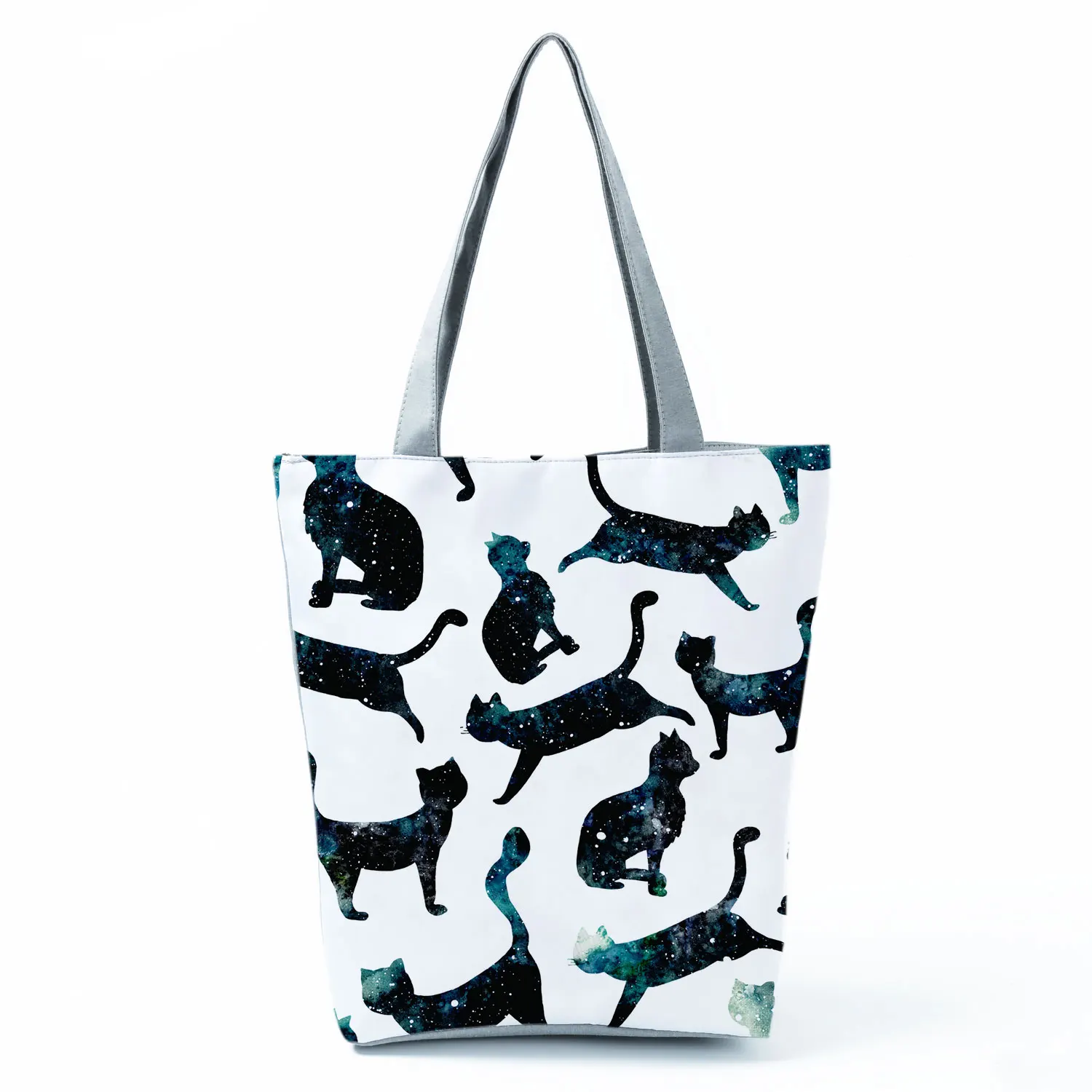 Black Cute Cat Printed Fabric Eco Handbags Cartoon High Capacity Shopping Office Reusable Casual Shoulder Bag Lady Tote Bags wristlet bag Totes