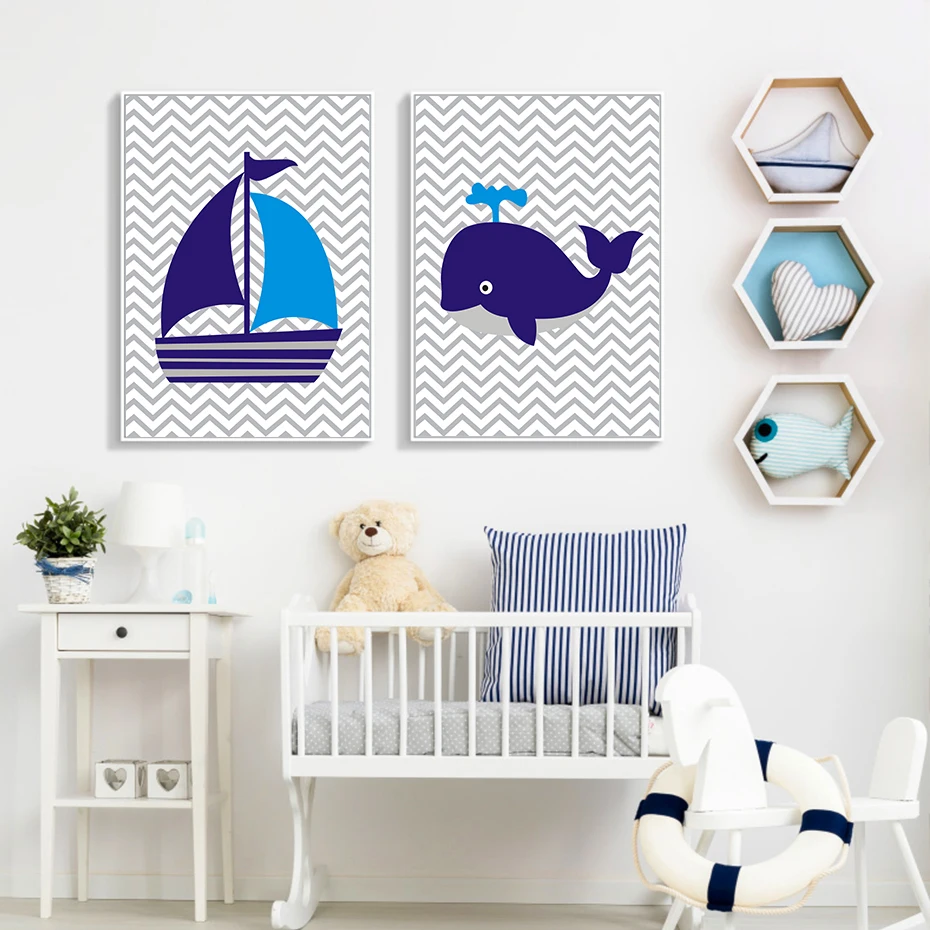 Темно синий парусник Кит якорь декор для детской комнаты картины настенные