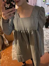 Plaid Dress Puff-Sleeve Square Collar Bclout Black White Sexy Vintage Autumn Casual Woman