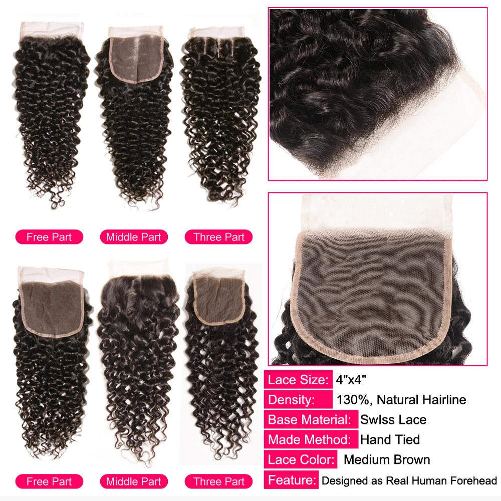 Ali Julia Malaysian Curly Lace Closure Free MiddleThree Part 150% Density Natural Color Remy Human Hair 10 inches to 20 inches (4)
