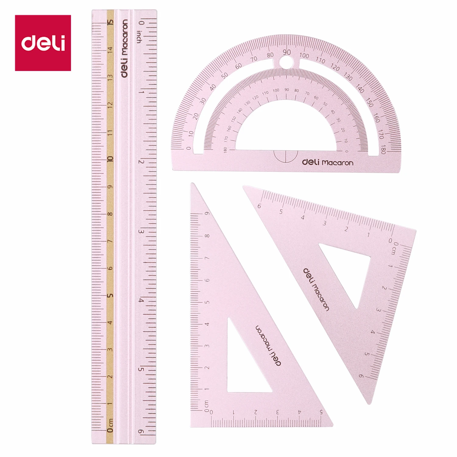 DELI EG02404-Juego de 4 reglas de aleación de aluminio, medición de dibujo, geometría, triángulo, transportador de enderezamiento, variedad de reglas