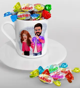 

Personalized Valentine 'S Animated Caricature Of Turkish Coffee cup And Haribo Candy Gift Seti-32