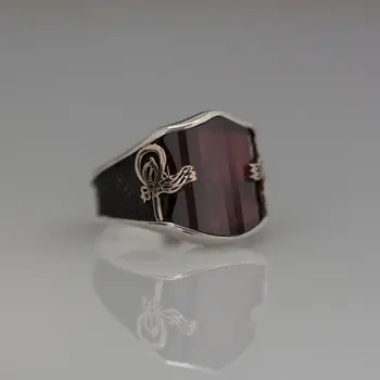 

925 Sterling Red Zircon Stone Tugra Patterned Silver Ring Fashion Turkish Premium Quality Handmade Jawelery