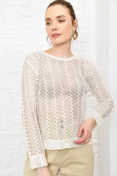 

Trend Alacati Style Women Black Bicycle Neck Holes Handwork Thin Knitwear Bluz ALC-X3615