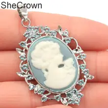 52x32 мм специальный большой Камея оникс белый леди Небесно голубой топаз дамы серебряный кулон