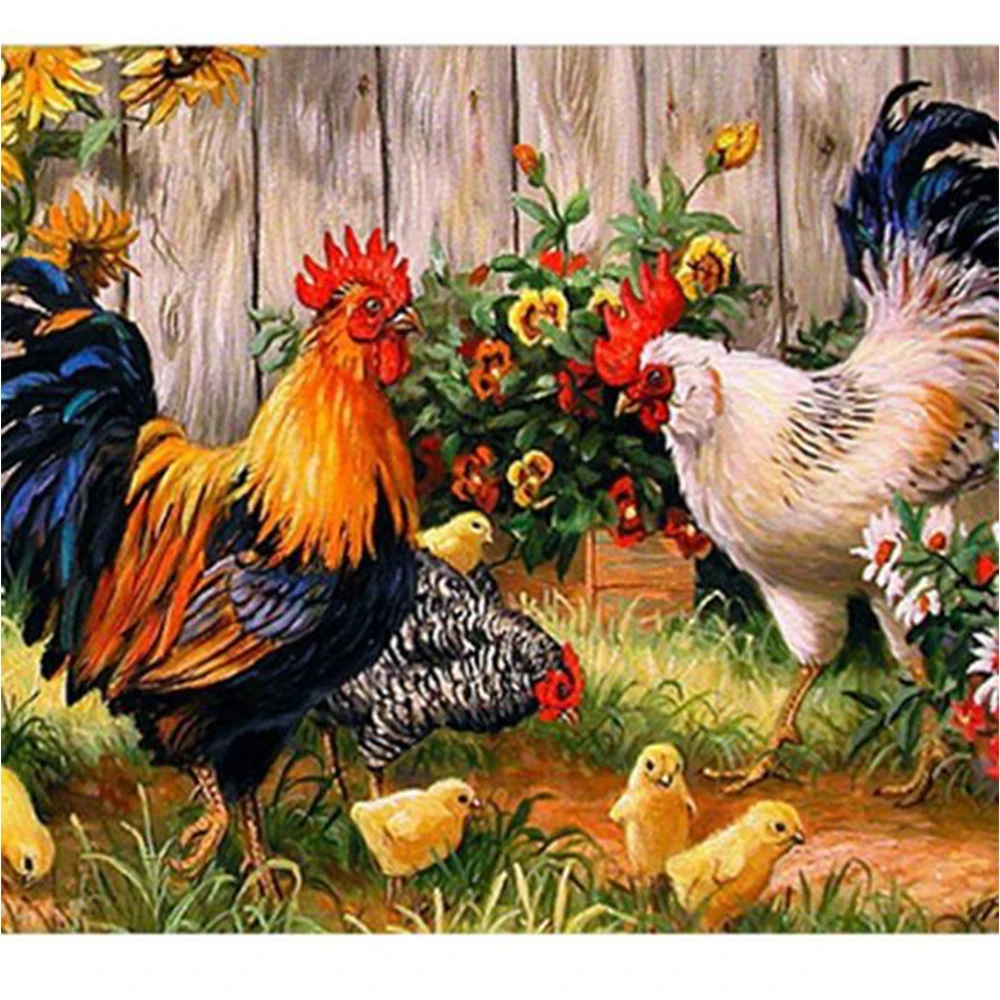

Fundaful DIY 5D Diamond Painting Farm Rooster Chicken Full Square Round Drill Embroidery Cross Stitch Rhinestone Art Craft